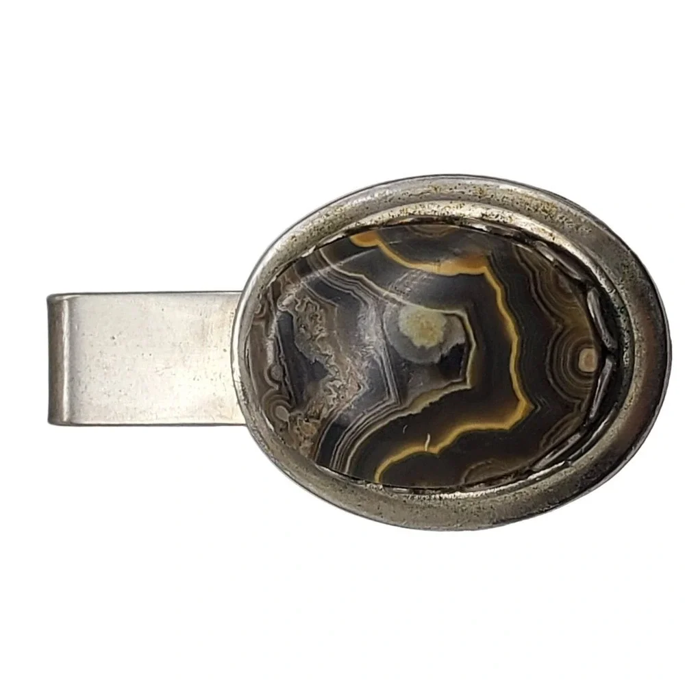 Brown Lace Agate Tie Clip Stone Bar Oval Genuine Stone Silver Tone Vintage Mens
